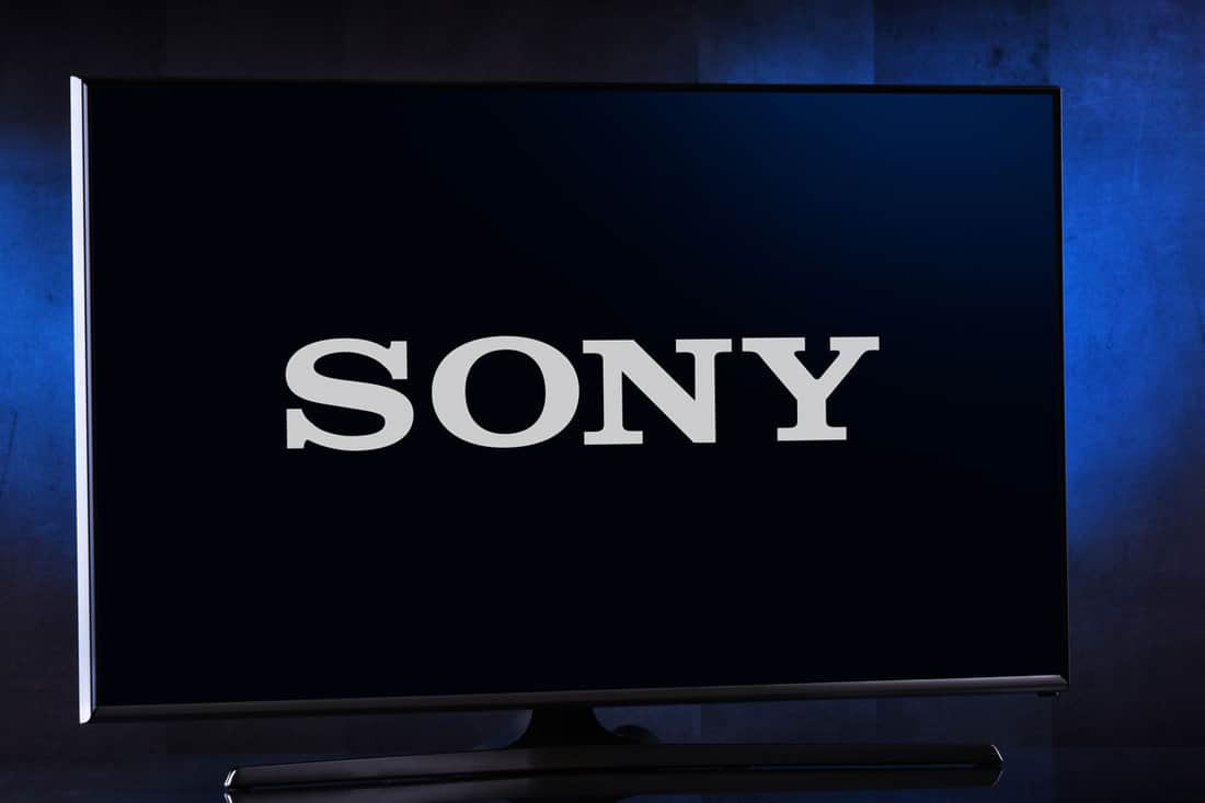 Flat-screen TV set displaying logo of Sony, a Japanese multinational conglomerate corporation headquartered in Konan, Minato, Tokyo