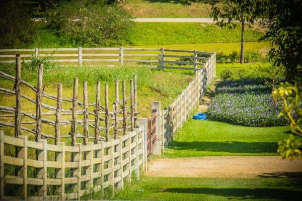Perspective view of long wooden fence in the green farm. Wooden fence and shadow in the middle of the green grass field. - Can You Use Fence Panels On A Slope?