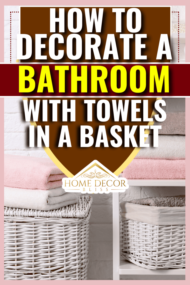 Shelving unit and baskets with clean towels and toiletries near brick wall. - How To Decorate A Bathroom With Towels In A Basket