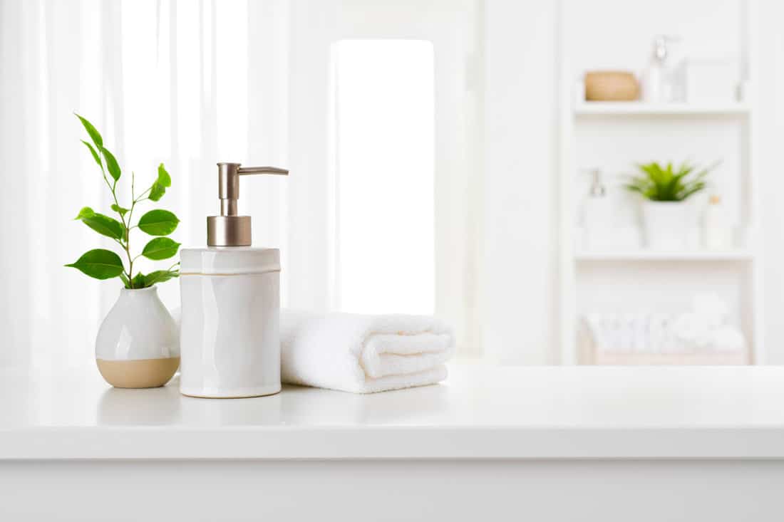Soap dispenser and spa towel on pastel bathroom window interior 