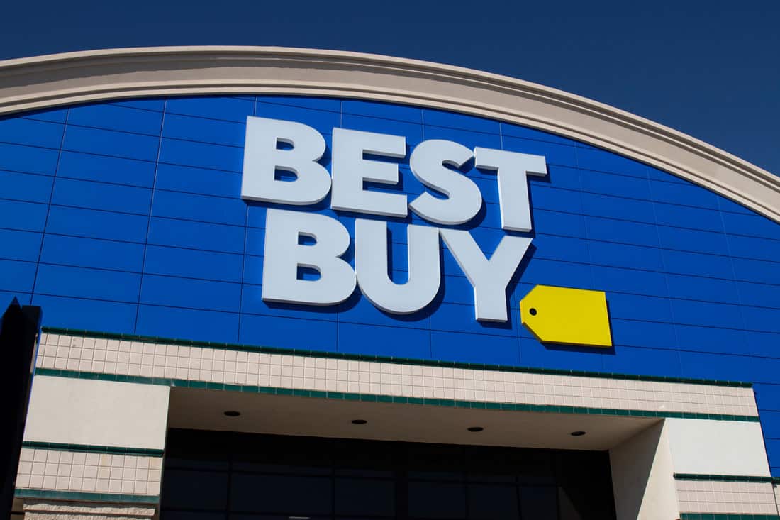 The blue and white building of Best Buy