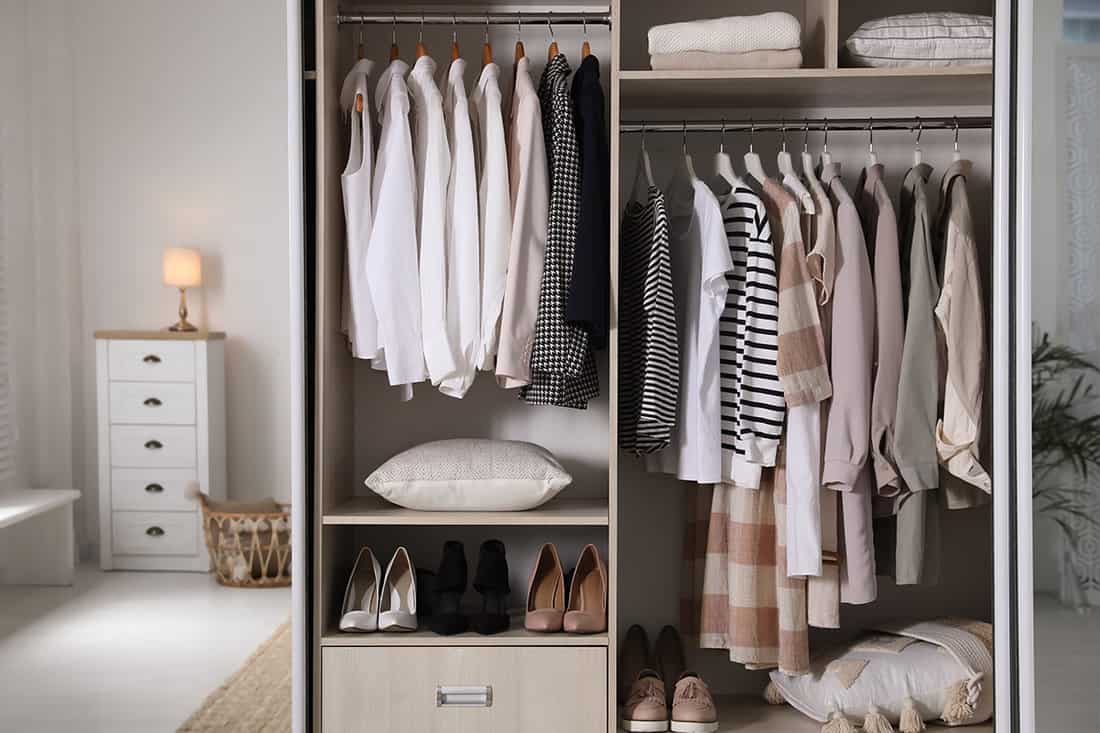 Wardrobe closet with different stylish clothes