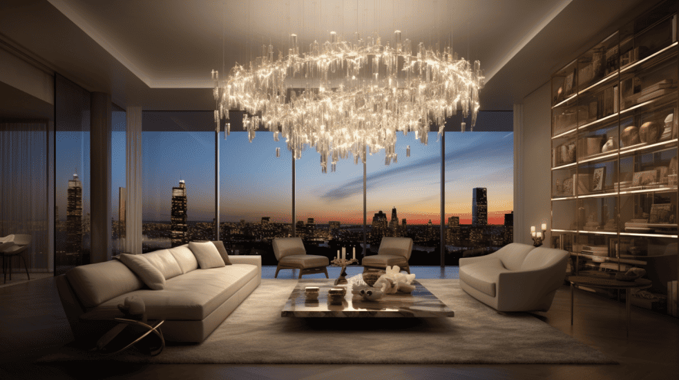photo of a living room with an opulent chandelier that crackles with electricity or a sleek, modern space that embodies the strength of the sky.
