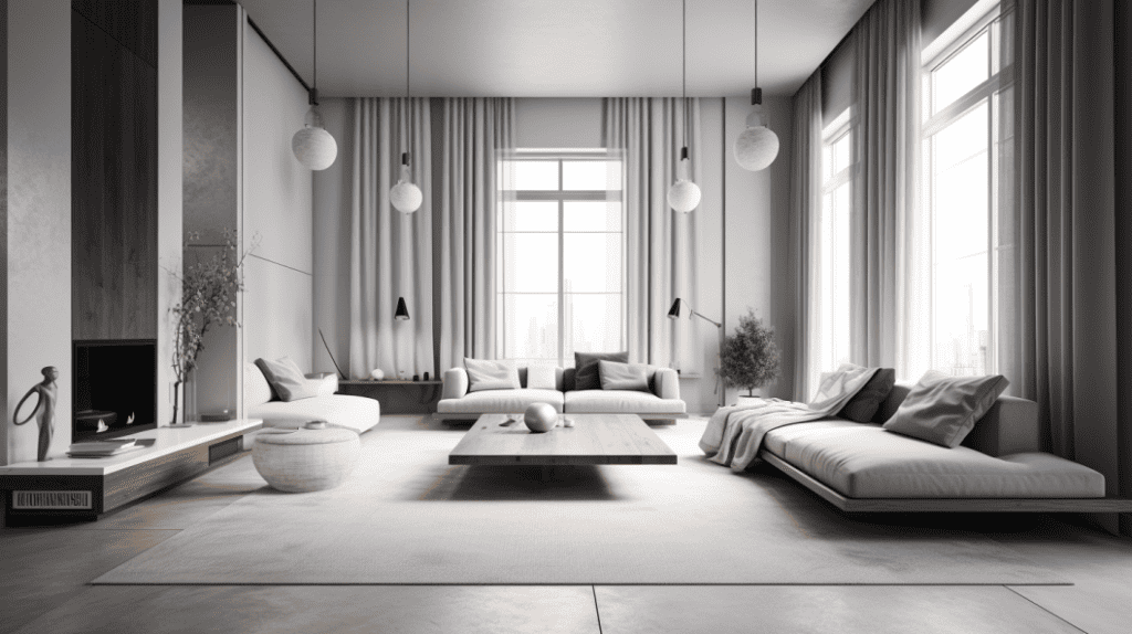 фотография гостиной с элегантным минималистичным дизайном, который является одновременно утилитарным и с красивыми или величественными колоннами.