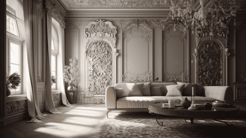 photo of a modern living room with ornate carvings and rich fabrics.