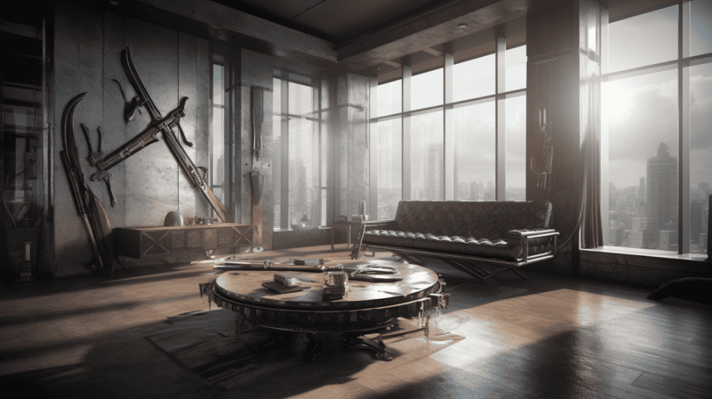 photo of an edgy penthouse with metallic accents and weapons like battle axe as decor.