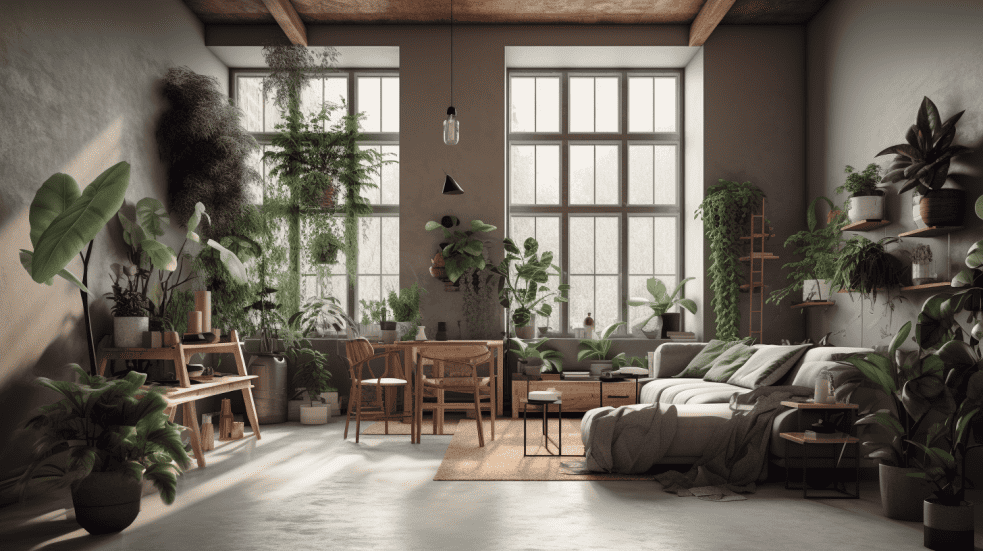 фотография интерьера гостиной в естественных тонах с обилием растений или городского оазиса с пышной зеленью и натуральными материалами.