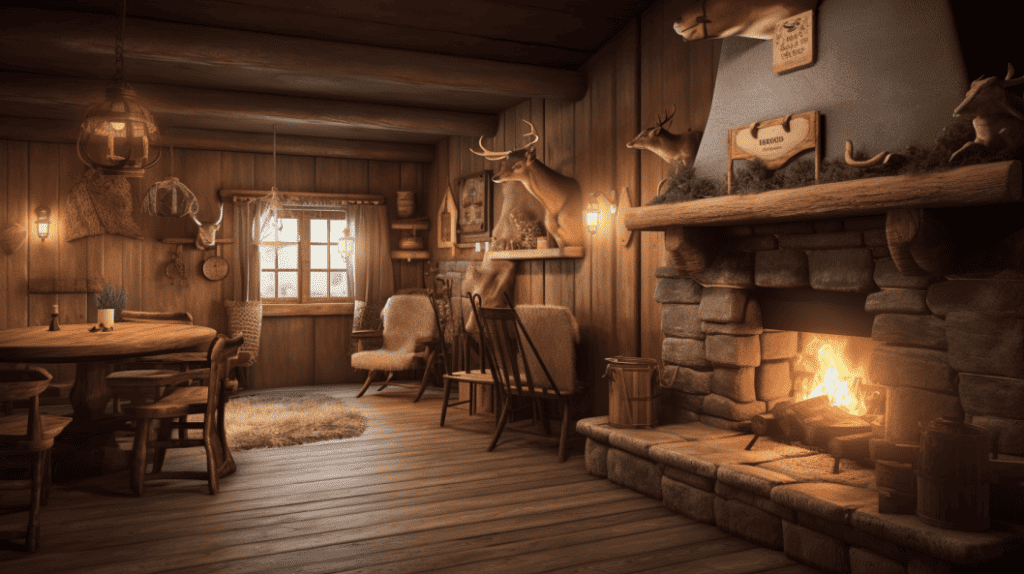 photo of cozy cabins with wood-burning fireplaces and animal-themed decor.