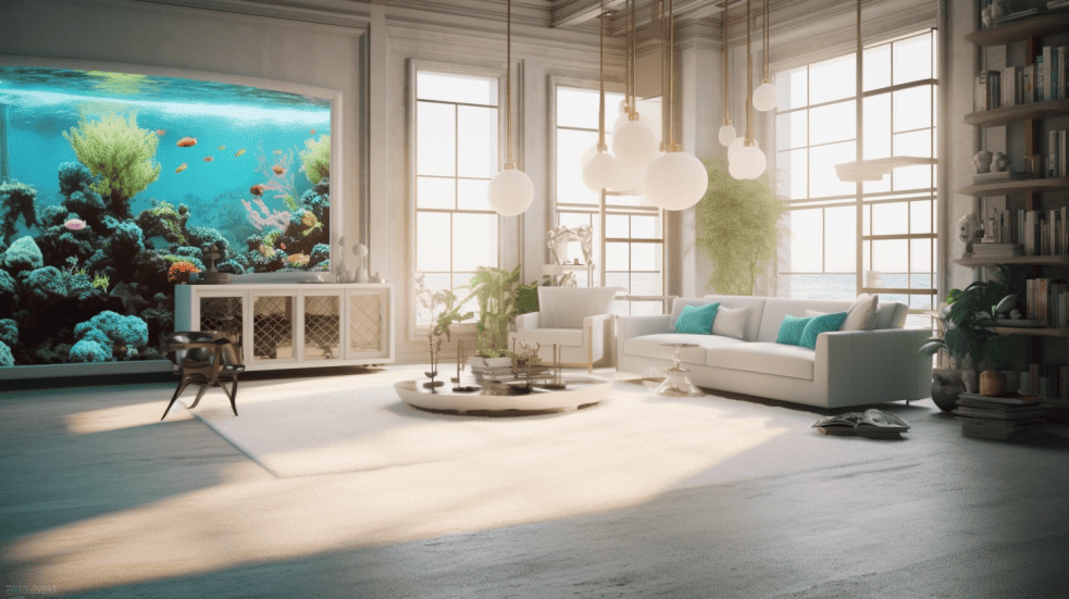 photo of living room with interior concept of coastal-themed oasis with seashell decor to an underwater wonderland complete with fish tanks. 