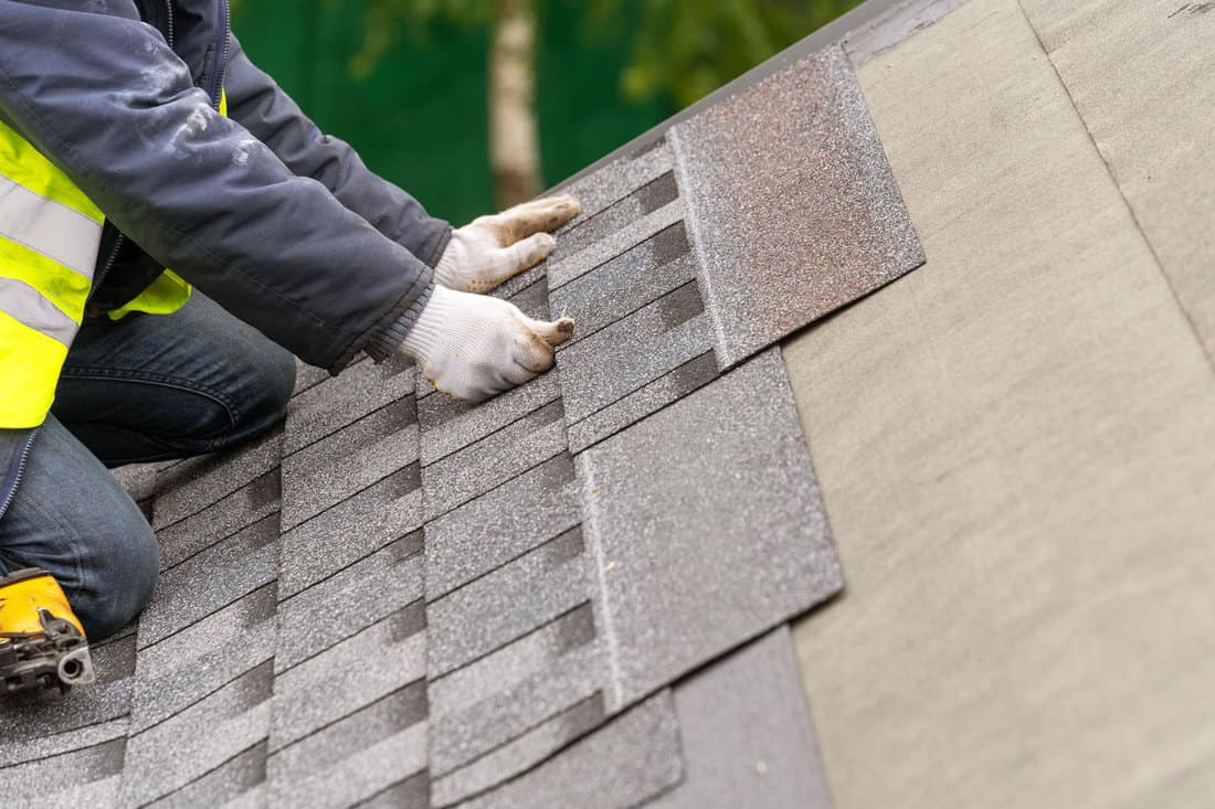 Worker installing asphalt shingle roofing