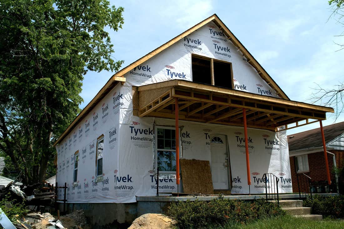 Tyvek house wrap used around an almost finished house