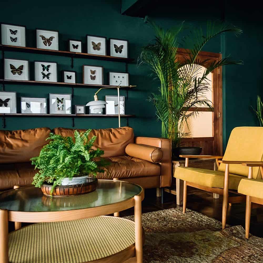 A stylish living room interior with brown leather couch and mustard yellow midcentury modern style armchairs.  and wooden elements with dark green  wall