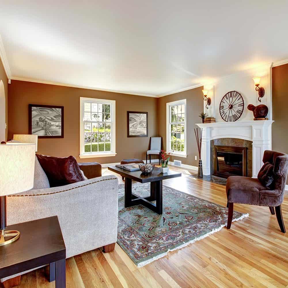 Classic brown and white living room interior with hardwood floor