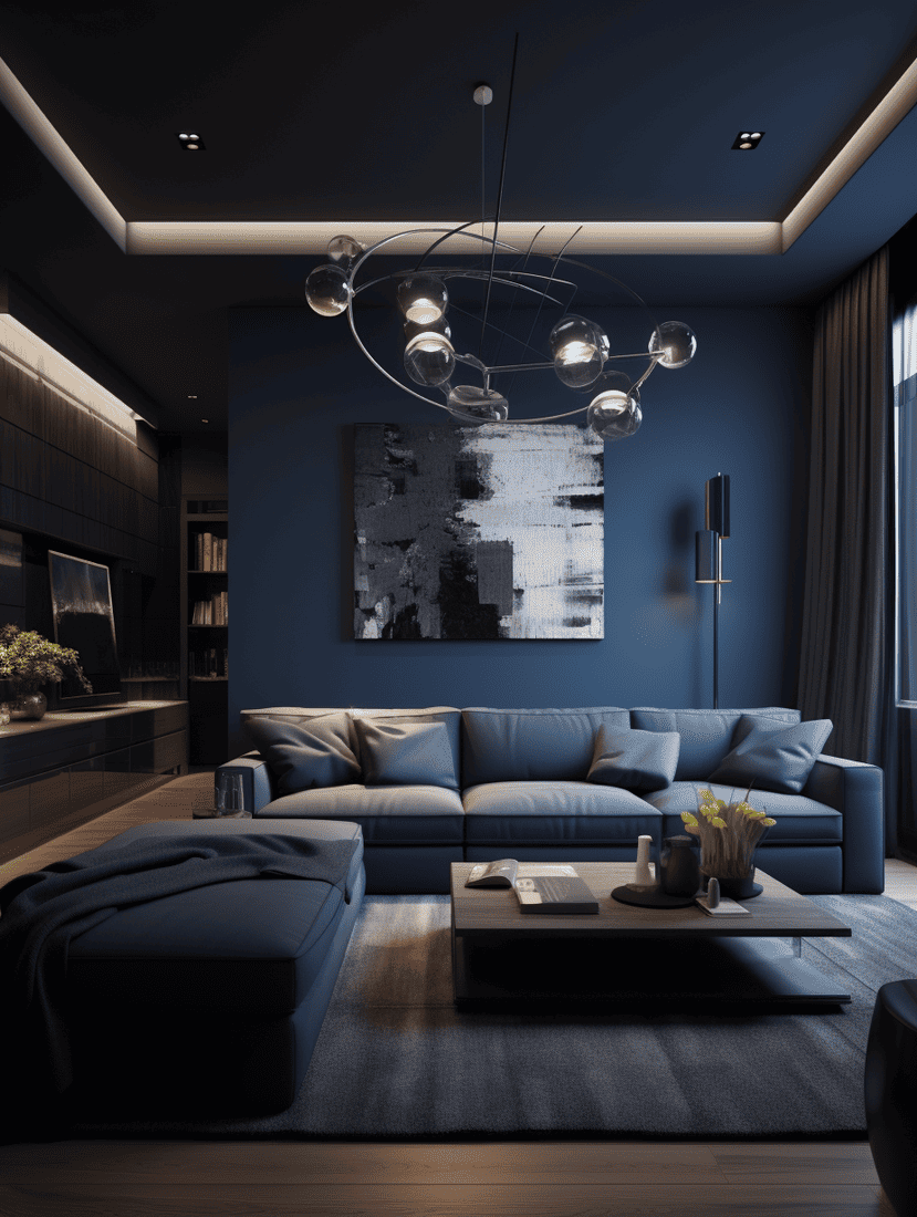 Dark Bluish-Gray With Unique Lighting fixture featuring glass orbs. Complemented by gray rug and black and white monochromatic large  abstract painting