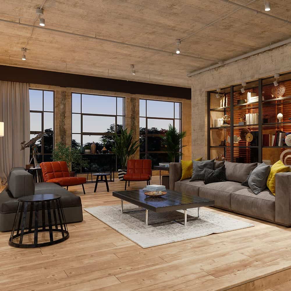 Luxury living room with dark brown couches and two brown leather accent chairs. Gray concrete walls and ceiling.