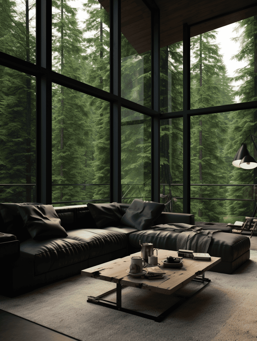 Modern living room with black walls and a large window to the forest