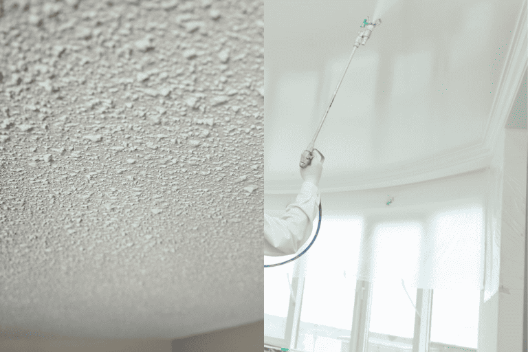 Popcorn ceiling in the house, Painter worker with airless painting sprayer covering ceiling surface into white, Popcorn Ceiling Patch vs. Spray: Which One is Right for You?