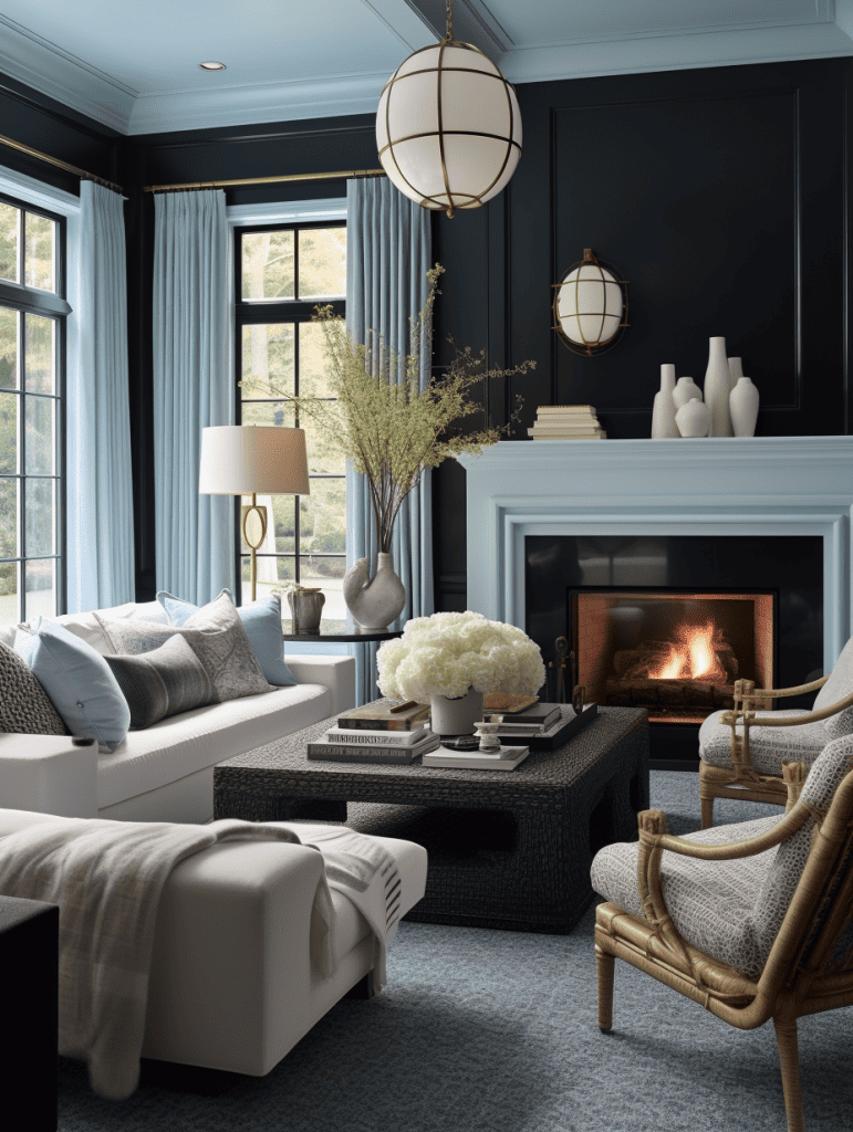 coastal living room with black walls. white furniture. fireplace. light blue curtains and wall accents.
