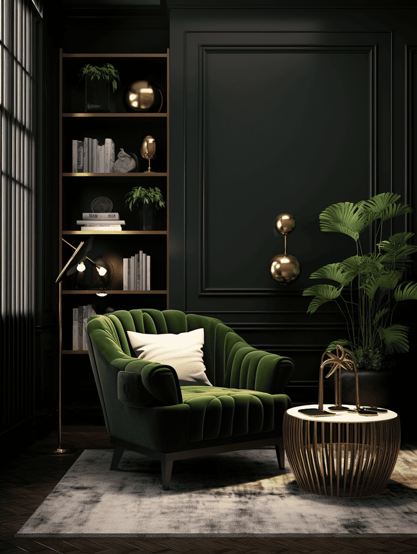 living room with dark black walls. Glass and gold decor elements. luxury. green velvet chair. 