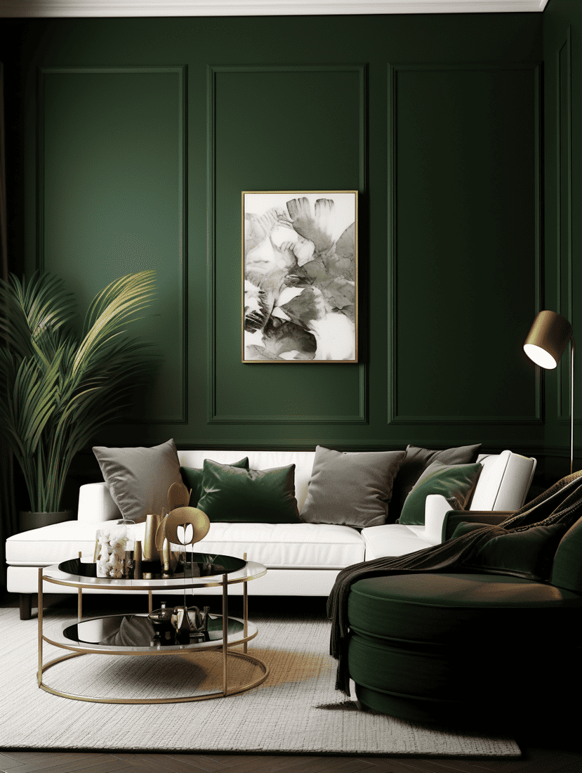 living room with dark green walls and white couch. Dark gray and green throw pillows on couch. Round glass coffee table. white rug. dark green large armchair