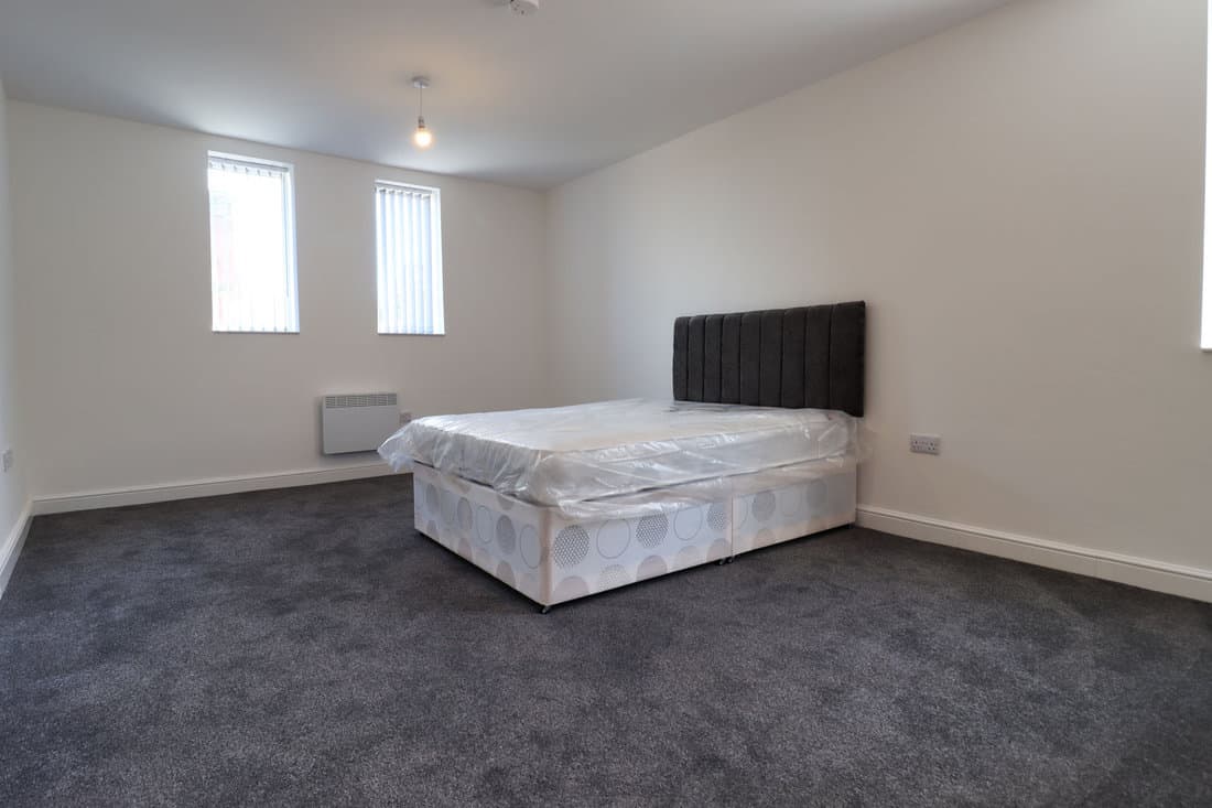 Gray carpet inside a modern white-walled bedroom 
