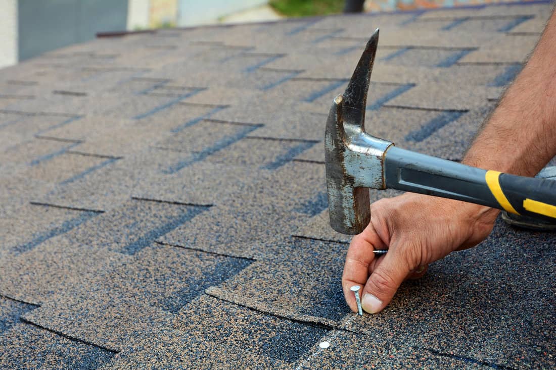 Worker using hammer and nails to install asphalt shingles
