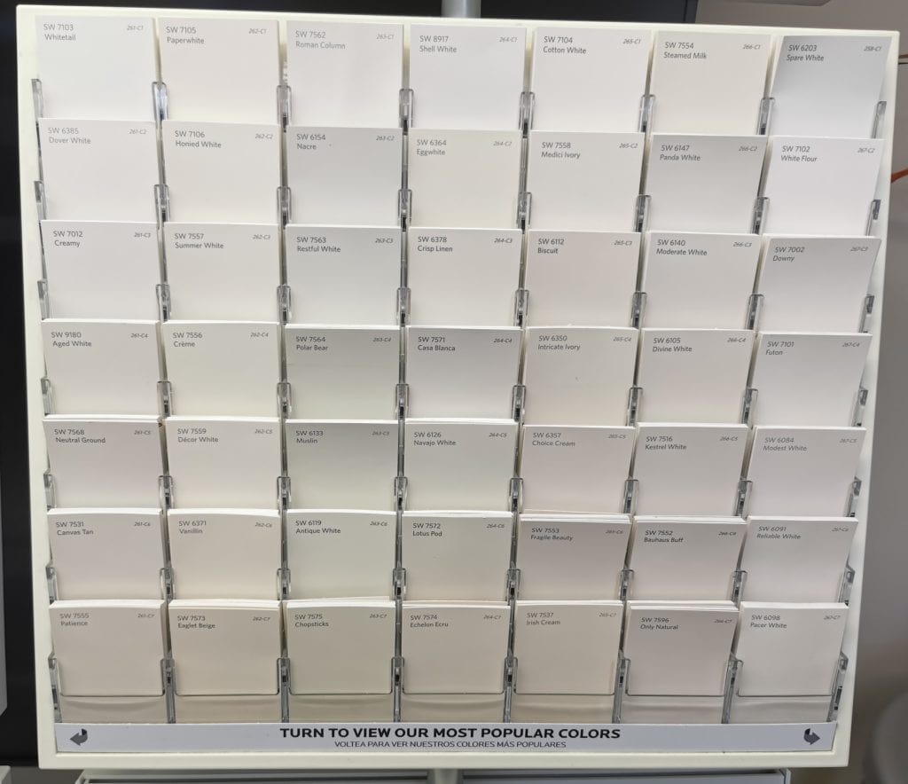 Sherwin Williams wall of white shades color samples