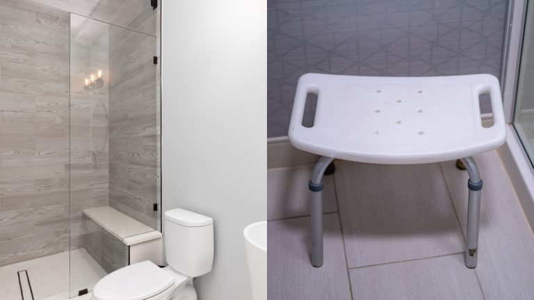 Collaged photo of a shower bench and shower chair, Shower Bench Vs Shower Chair: Which To Choose? - 1600x900