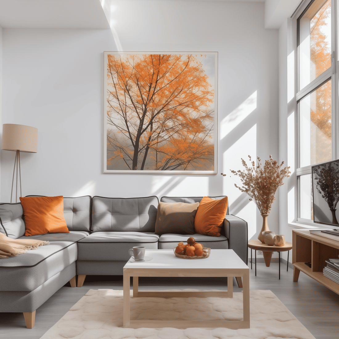 Vibrant living room with blue sofa and autumn accents.
