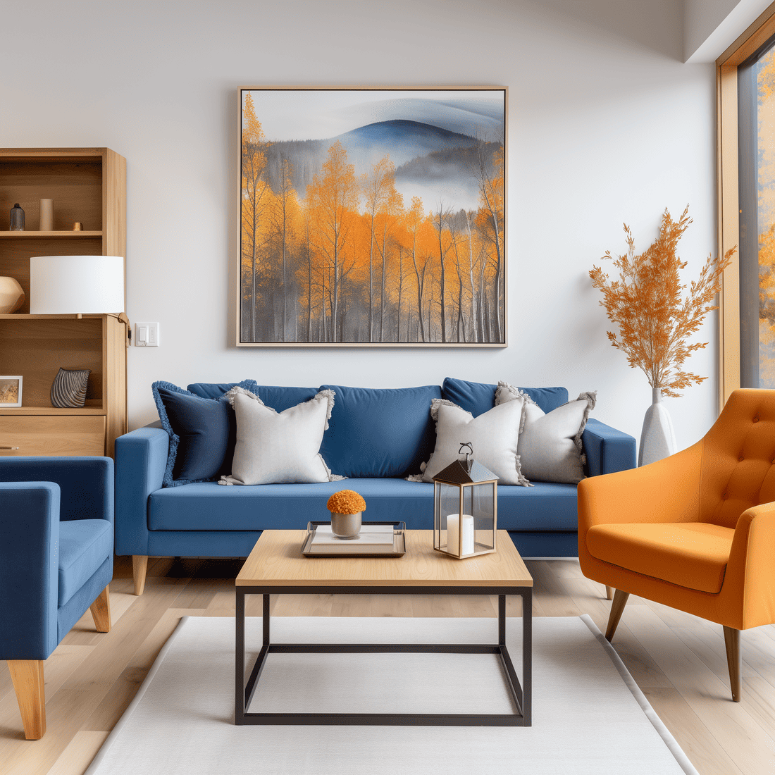 Vibrant living room with blue sofa and autumn accents.