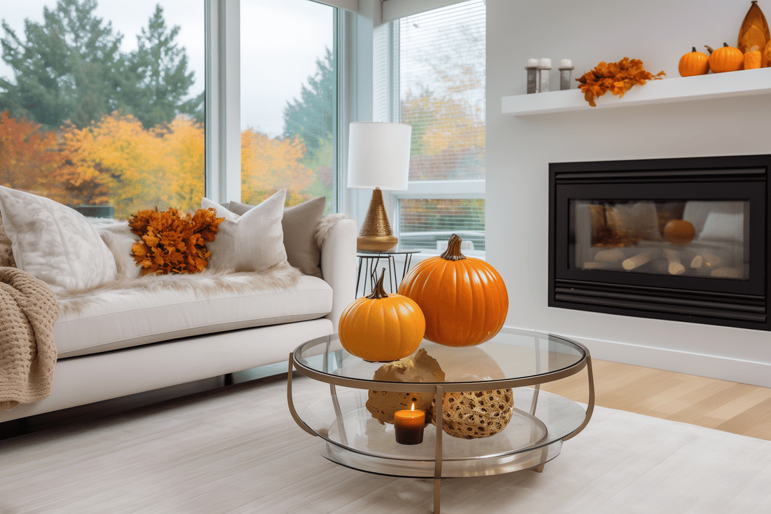 Contemporary living room design accentuated with vibrant pumpkins and fall accents