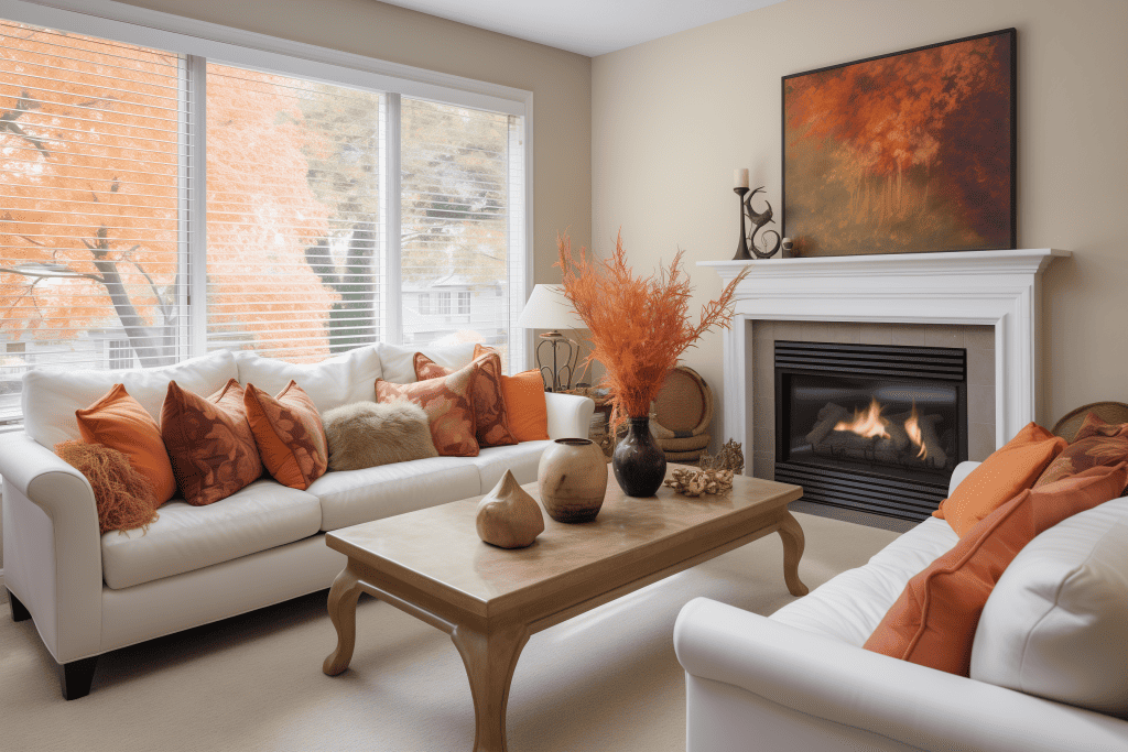 A sophisticated living room bathed in soft light, featuring a harmonious blend of modern design elements and fall-inspired décor.