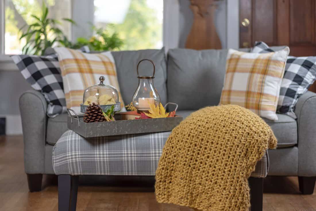 Plaid-themed living room with autumnal decor and lantern.