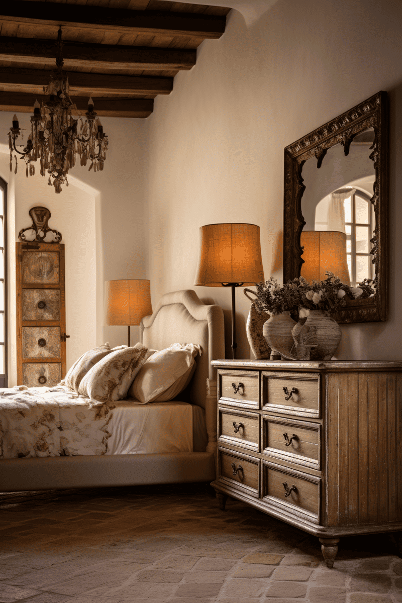 bedroom featuring a large antique vintage washed mirror with detailed carving, reflecting Tuscan decor elements