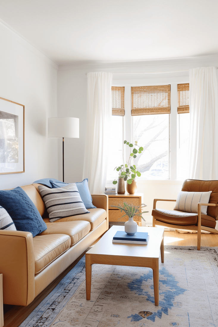Living room with white colored wall, camel colored couch and mixture of light shades of white corduroy throw pillows