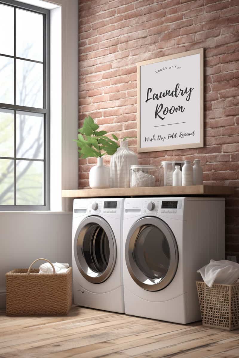farmhouse laundry room in neutral tones. Predominantly white, wire basket, wooden tray with bark ring on a shiny counter showcasing wood grain. Laundry room sign displayed