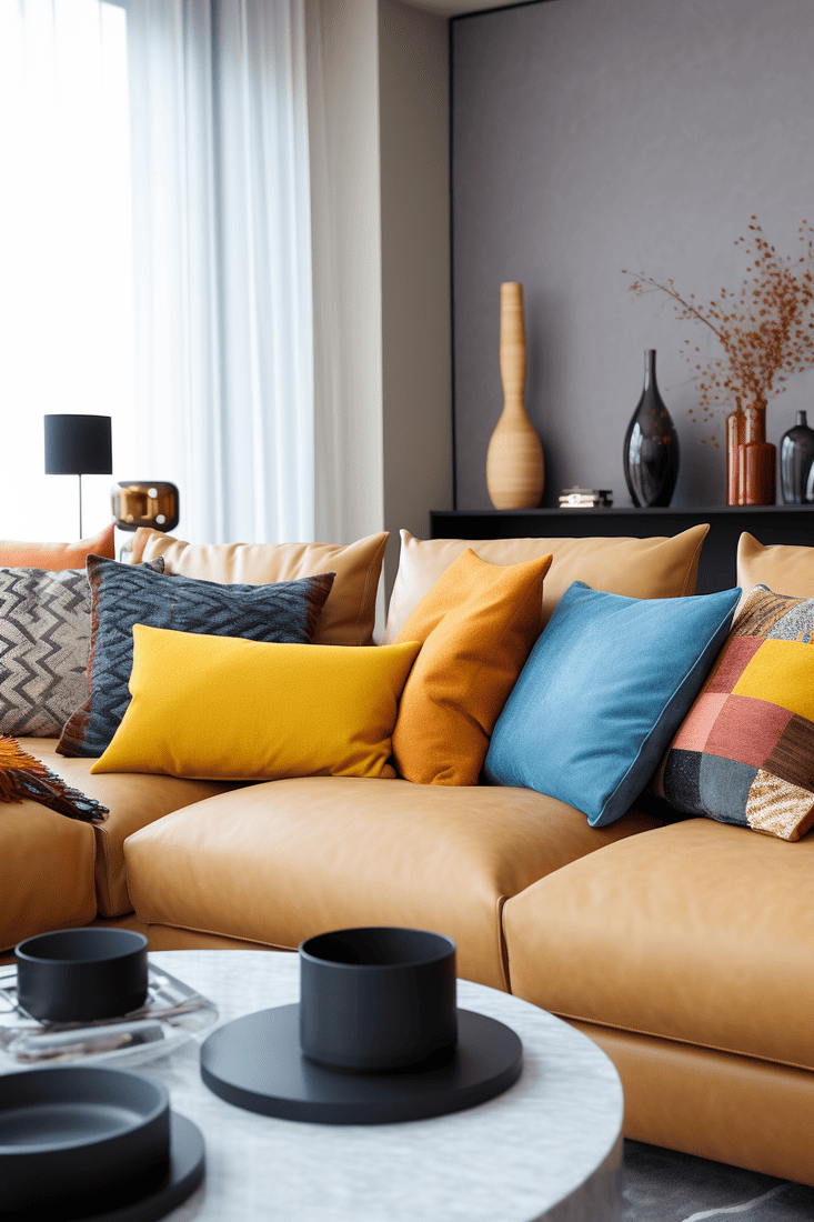 Camel-colored sofa matched with different colored throw pillows for diversity. Cohesive living room design with neutral colors