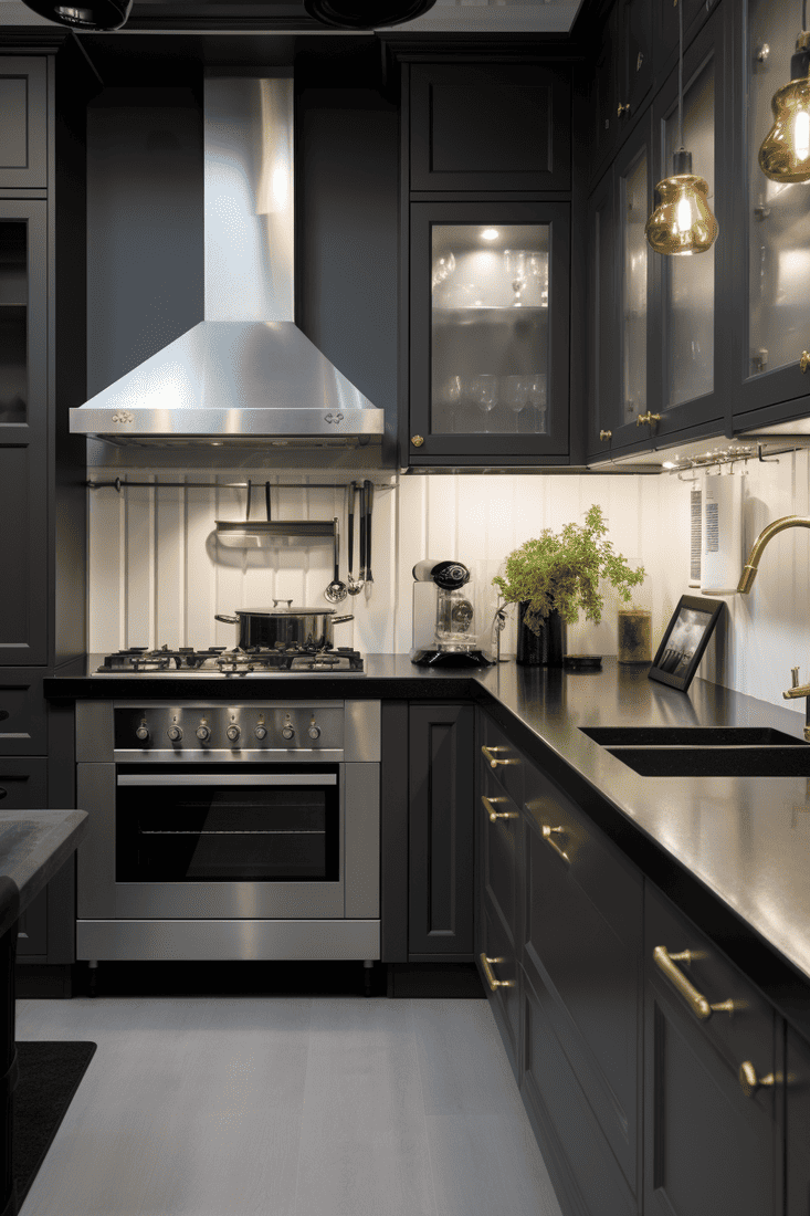 Interior of kitchen with black countertops, black worktops ,matching gray upper and lower cabinets, dart stainless steel appliances, and white backsplash. 