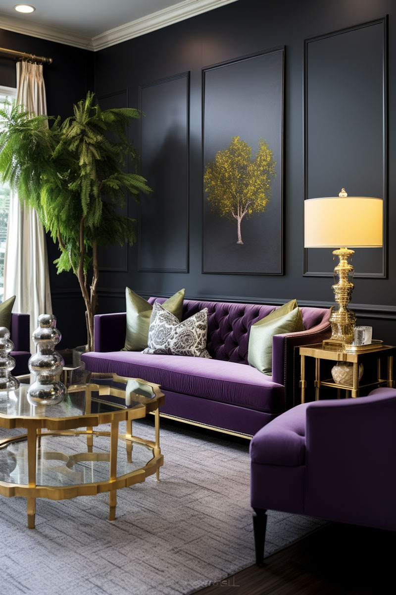 A luxurious living room with deep gray walls and gold-accented furniture. Purple accent chairs. Green throw pillows and table legs adds elegance.