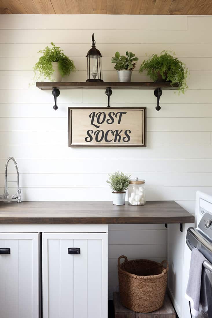 Farmhouse-themed laundry room with wood paneling walls with a hanging sign saying "lost socks". Dark stained wood countertop and two potted plants on the table.