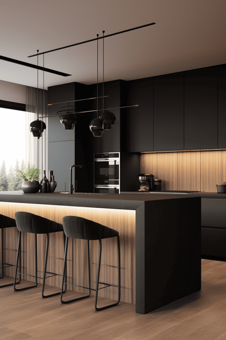 Kitchen with matte black countertops, kitchen island with matte black countertop. Suede kitchen bar stools