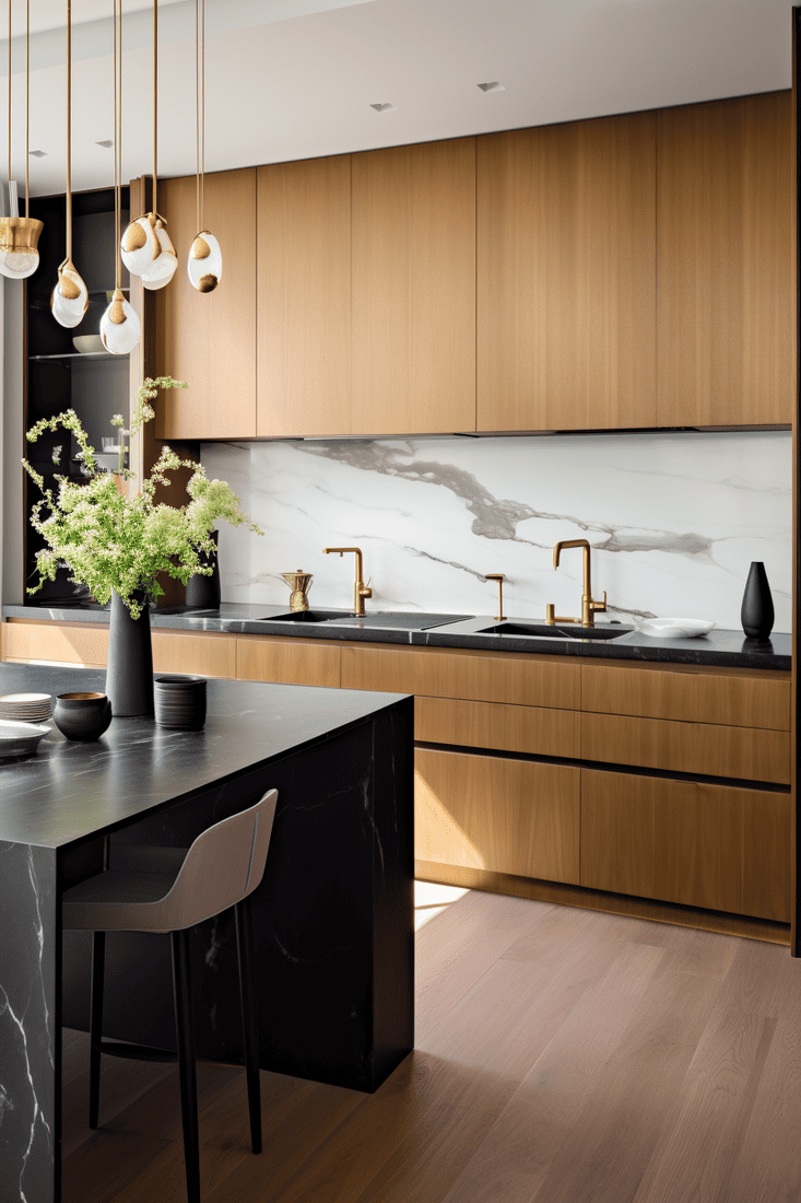 Modern kitchen with black countertops with wooden paneling. Wooden cabinets with brass pulls give off a warm vibe. White stone slab backsplash