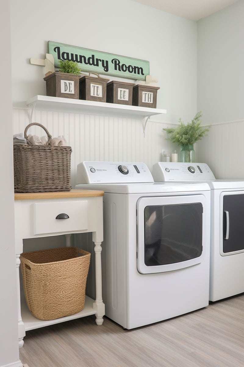 Farmhouse-themed laundry room with wainscoting on walls, wooden shelves with laundry baskets, cabinet section with wainscoting on wall