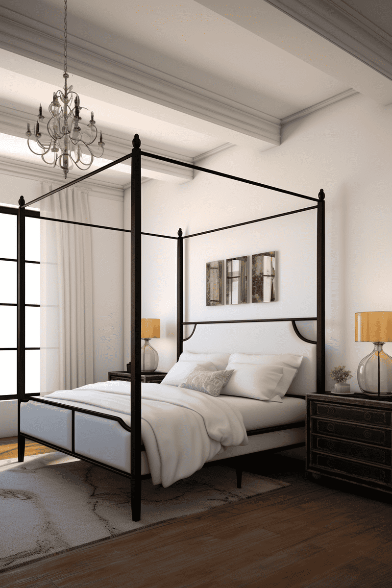 spacious bedroom boasting an ornate wooden canopy bed, exposed beams, and a classic Tuscan mirror in the background