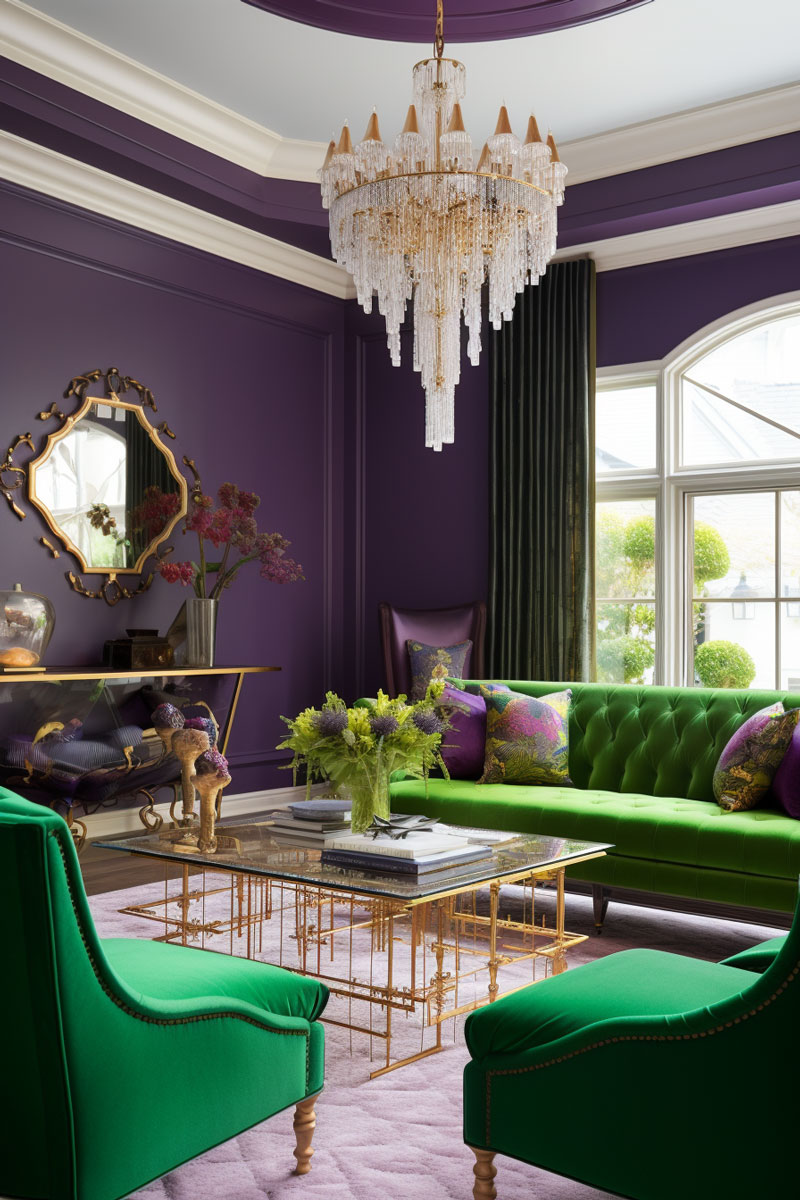 Bold and vibrant living room featuring green furniture trimmed in rich purple. The purple trim accentuates the green, creating a character-filled space. Gold accents throughout the room add a touch of drama