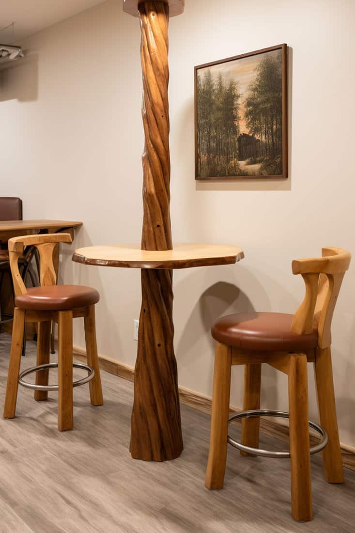 Wooden chairs and a supporting column of a basement decorated and wrapped in wood with a table 