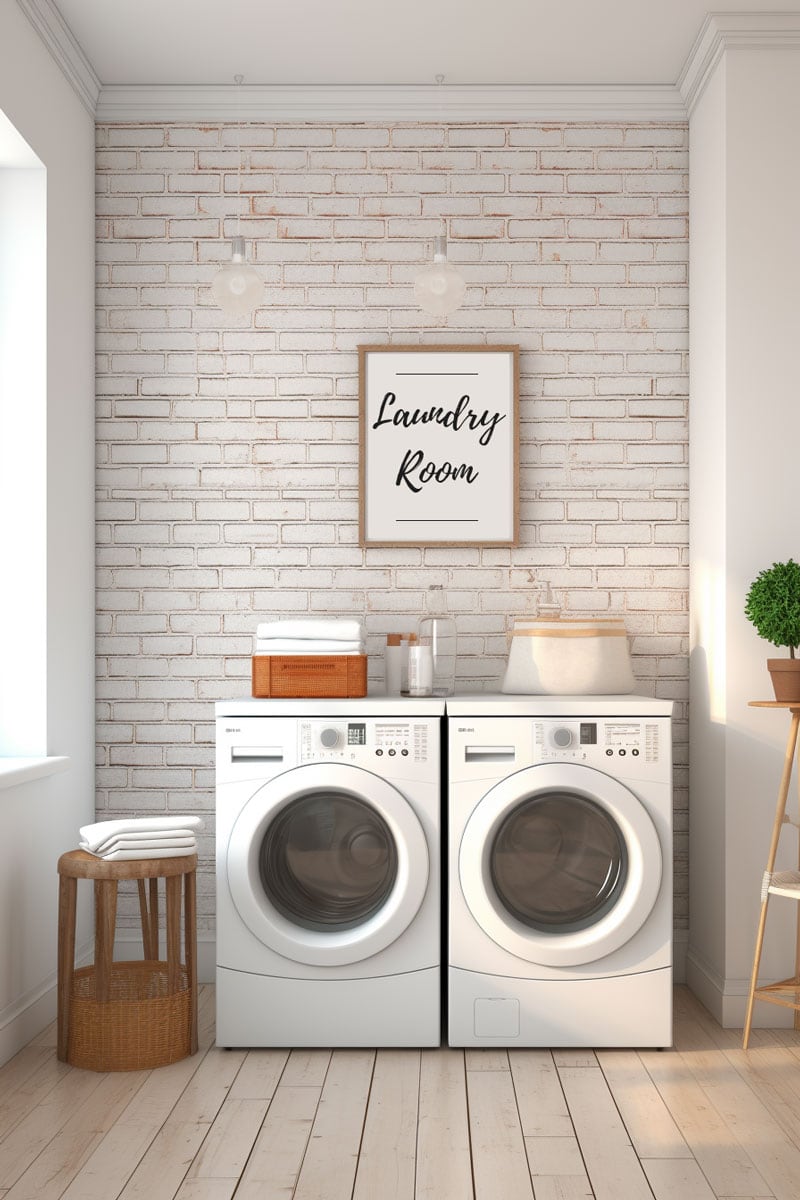 Farmhouse-themed laundry room with washer and dryer decals with white solid brick wall and transitioning to a drywall near the entrance.