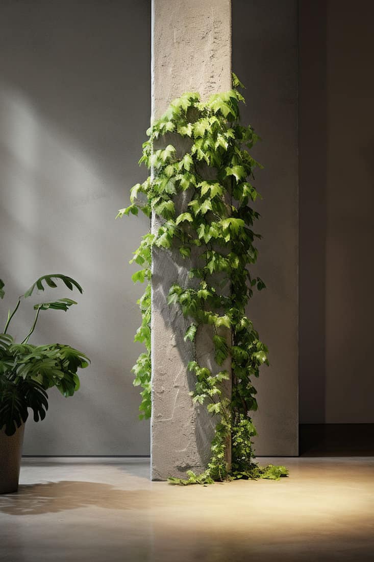 A concrete column decorated with vines and leaves in the basement