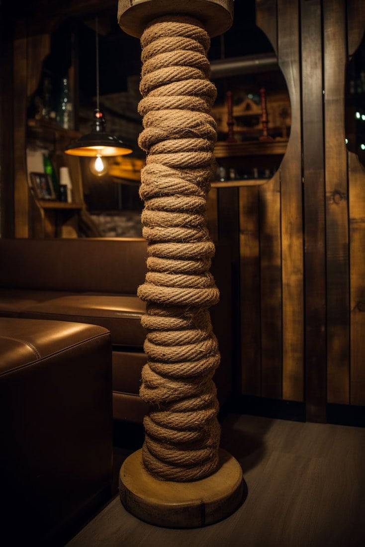 a construction column wrapped in rope inside a coffee shop themed basement