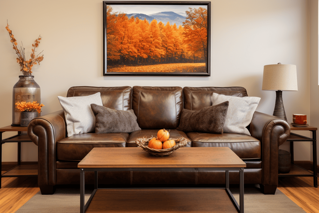 Plush leather living room setup with autumn-inspired decor and artwork.